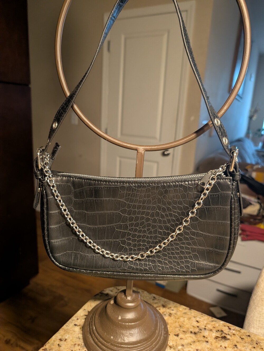 H & M Croc Embossed Black Shoulder Bag With Silver Accent Chain